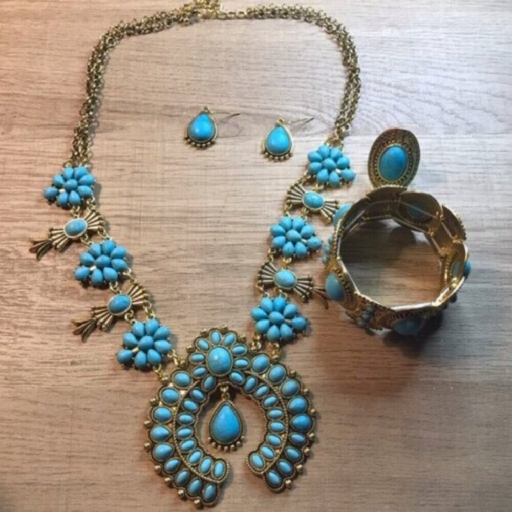 Western Boho 5pcs Squash Blossom Turquoise and Gold Statement Necklace Set